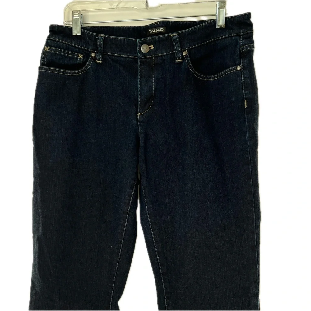 Tahari Dark Wash Indigo Jeans Mid Rise Straight Leg Size 10, 33” inseam